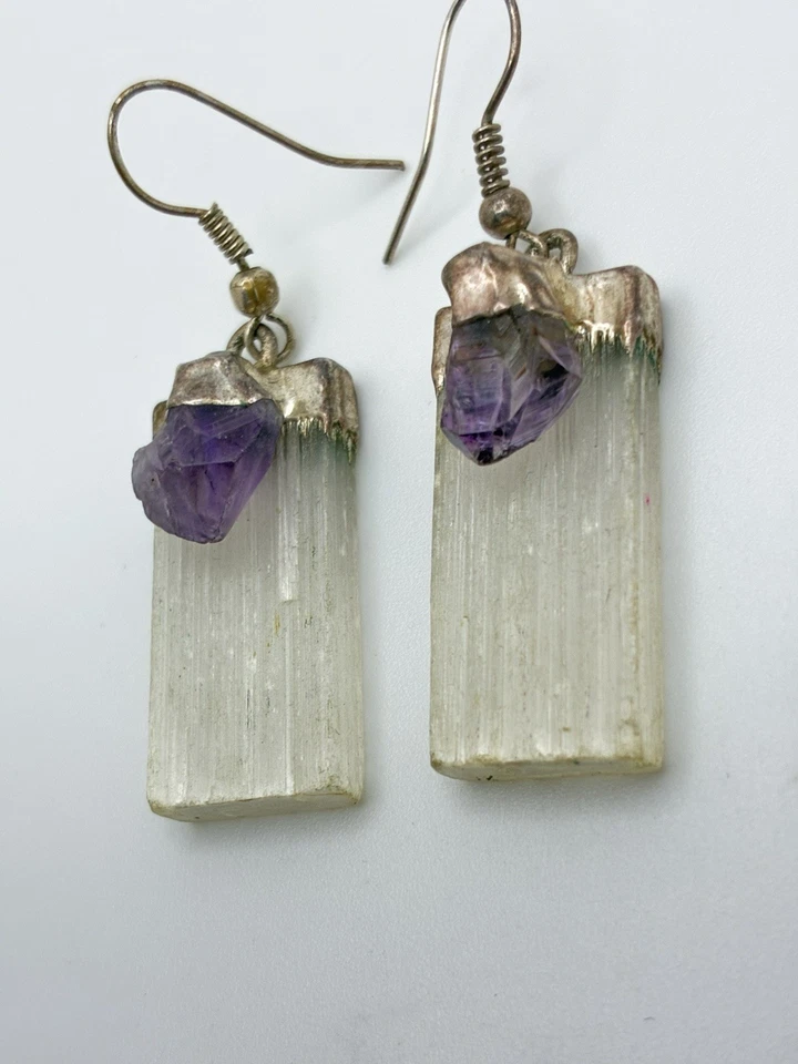 Selenita?Amatista? Pendientes colgantes de plata hechos a mano gancho de alambre de cristal Foto 2 de 4