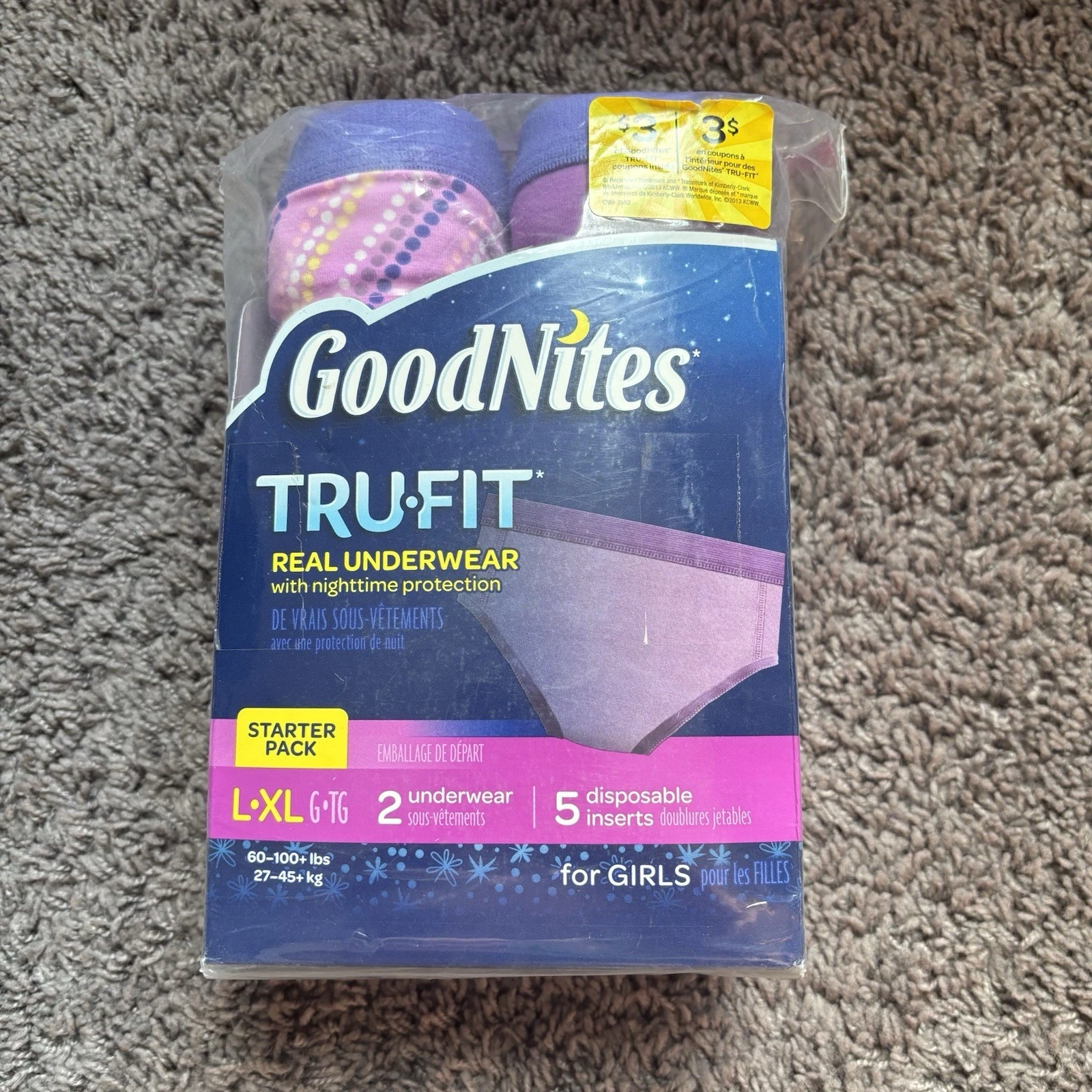GoodNites Tru-Fit Starter Kit Girl 2 Real Underwear 5 Disposable Insert L/XL NIP