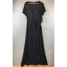 New Lulus Black Wrap Maxi Dress Flutter Sleeve Tie Waist Textured L