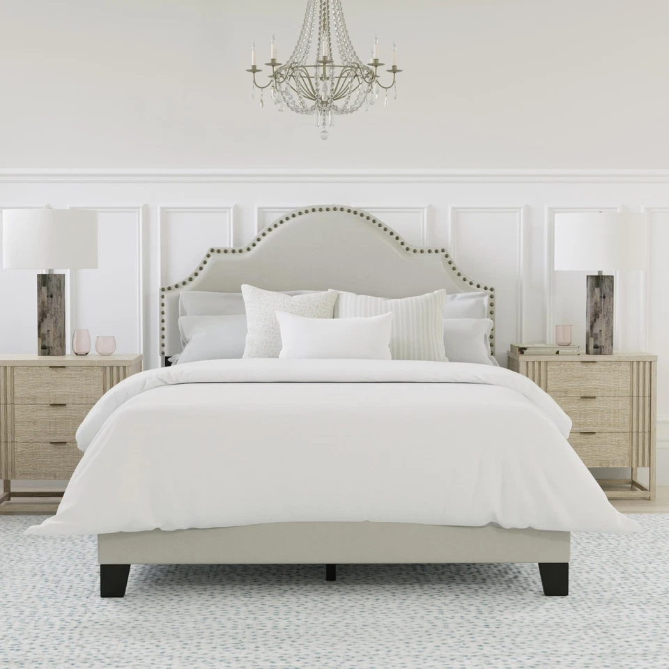 Cama Completa Tapizada Moderna Cynthia con Cabecero para Clavos, Crema Foto 4 de 4