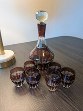 Antique Bohemian Glass Cut To Clear Decanter & 6 Glasses, Amethyst Cut Crystal