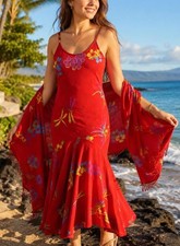 Tropical Tantrum Mermaid Maxi Hawaiian Dress Womens L Red Floral Rayon Shawl