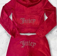 NEW 199 JUICY COUTURE OG Bling Velour Iconic Tracksuit Hoodie Pants Flash Red L
