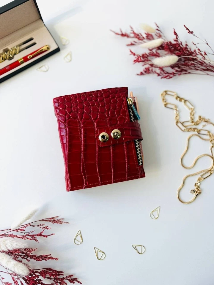 Red leather notebook cover A7 2 rings mini wallet. Dated 2026 planner gift. - Image 2 of 4