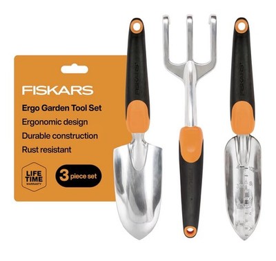 Fiskars 3-Piece Ergo Garden Hand Tool Set Trowel Transplanter Cultivator New