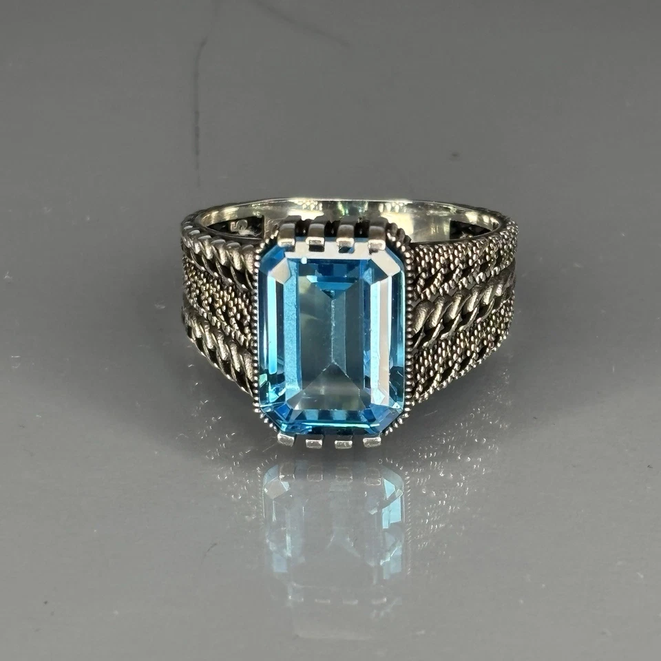 Мужское кольцо-цепочка ручной работы из стерлингового серебра 925 пробы с аквамарином турецкий дизайн синее - Изображение 4 из 4