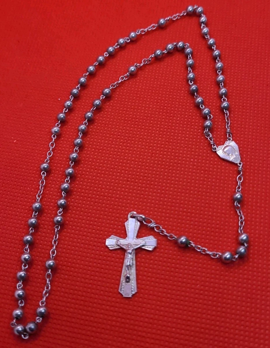 Rare Chapelet Ancien XIXème En Métal Argenté Et Boule – Croix Reliquaire