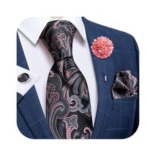Silk Ties for Men Necktie and Lapel Pin Brooch Set Formal Woven Grey and Pink