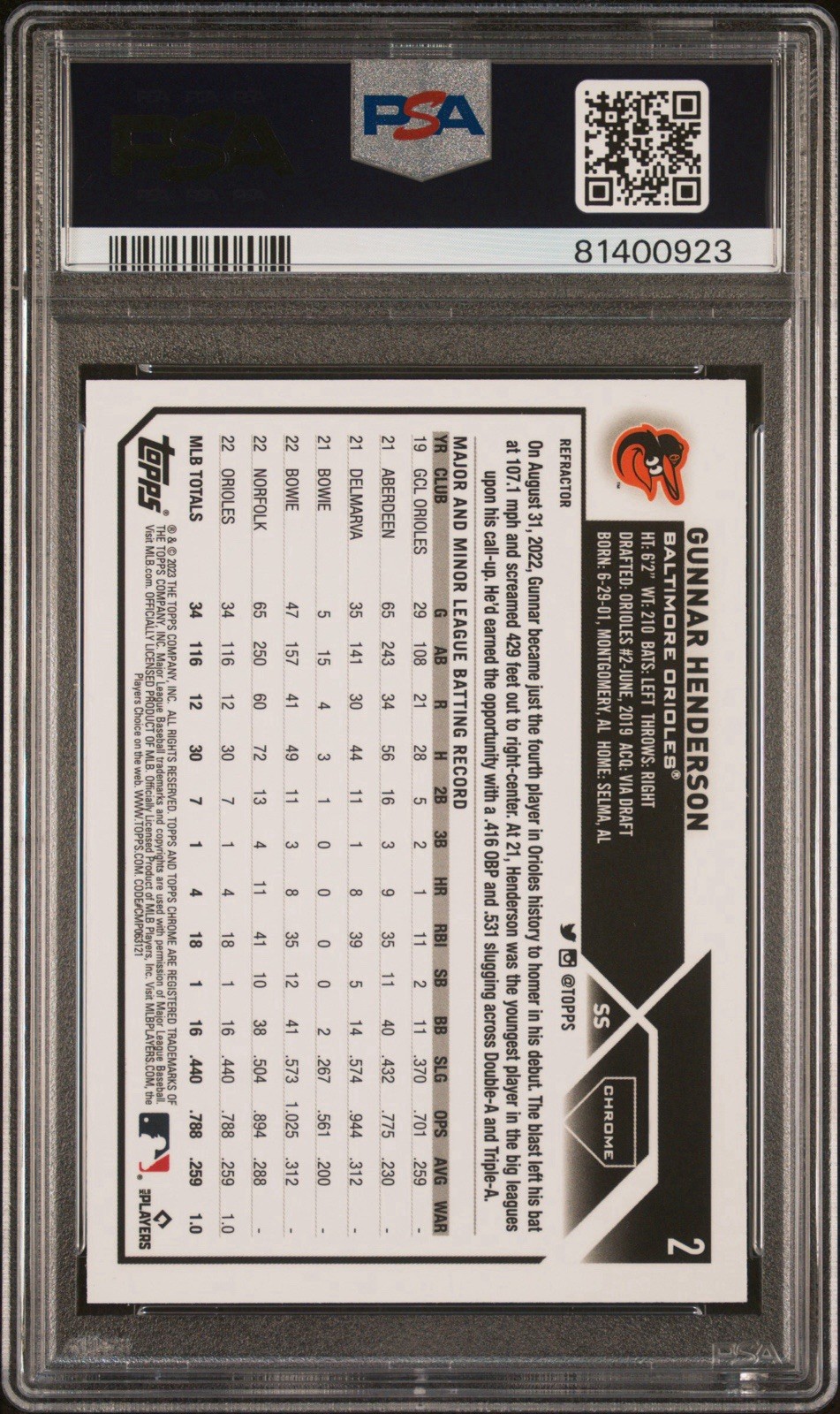 2023 Topps Chrome Refractor Gunnar Henderson RC #2 Baltimore Orioles PSA 10 view 2