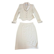 VTG RARE "St John" Cream Santana Knit Suit Satin Trim Crystal Sz 6 OLD MONEY