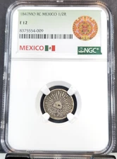 1847 Mo RC MEXICO SILVER 1/2 REAL FIRST REPUBLIC NGC F 12 SCARCE NICE COIN