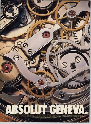 1996 Absolut Geneva vodka bottle in watch movement vintage print ad