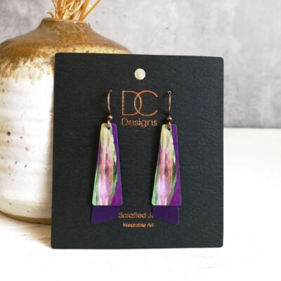 DC Designs Purple Abstract Art Print Layered Long Copper Drop Earrings 4NTE 