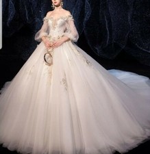 Reino Unido Manga Larga Encaje Dorado Hombro Descubierto Vestido de Baile Vestidos de Boda de Lujo Talla 6-22