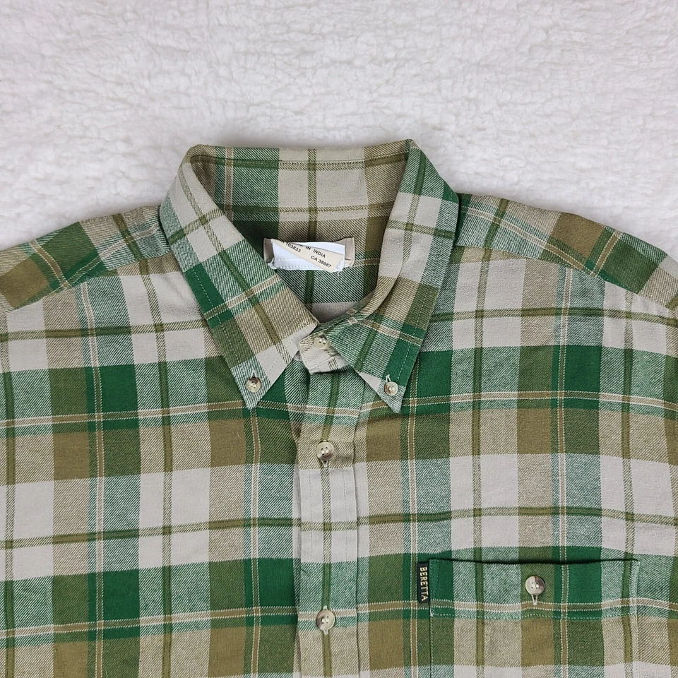 Camisa Beretta Para Hombres XL Verde Marrón Franela a Cuadros Algodón Vestido Abotonado De Colección Foto 3 de 4