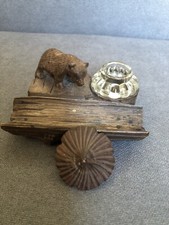 Rare C19th Black Forest Bear Inkwell & Pen Rest.Marked Grindelwald Swiss Town Rw