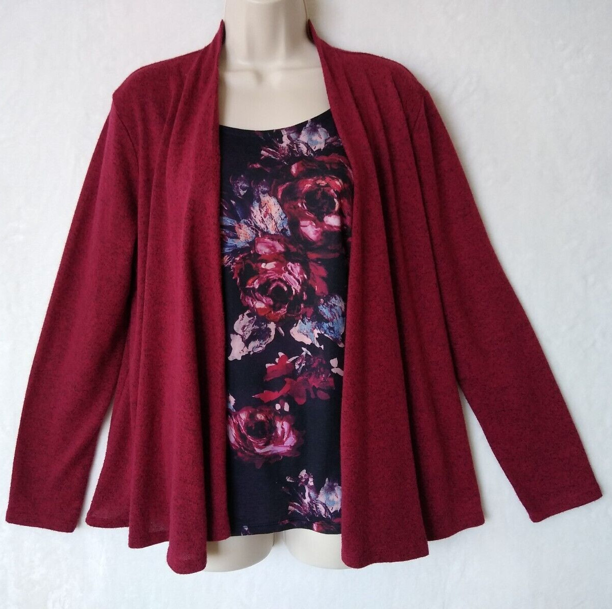 Cardigan Sweater L 12 14 Maroon Open Front Attached Top Inside Floral WHITE STAG-image