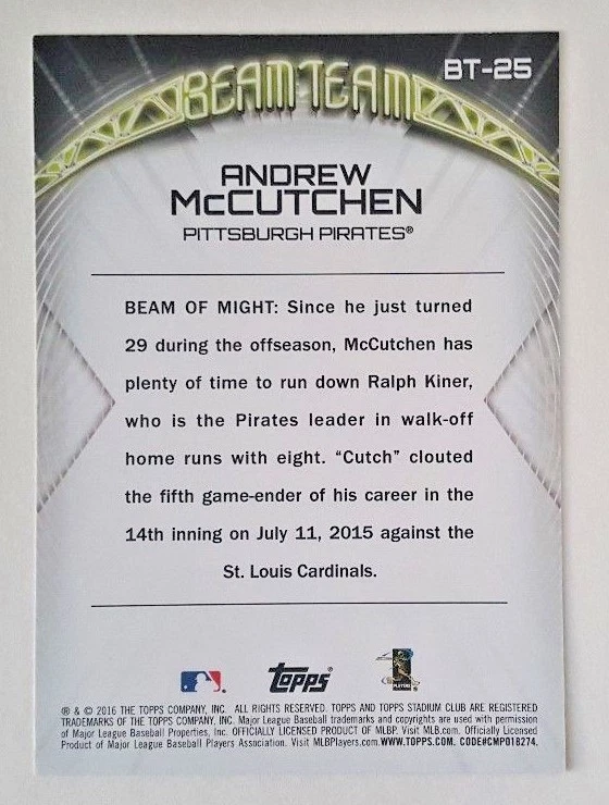 2016 TOPPS STADIUM CLUB ANDREW MCCUTCHEN "BEAM TEAM" 5X7 JUMBO ART CARD #/49 - Image 2 of 2