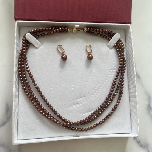 without packaging GENUINE PEARL NECKLACE EARRINGS SET TRIPLE STRAND 14K GOL G2U