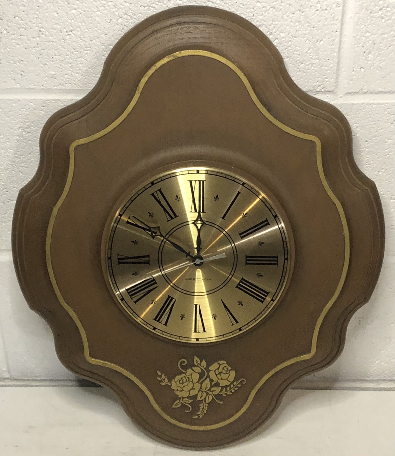 Vintage Retro Westclox Wall Clock Faux Wood Grain Gold Roses Accent 20”x16”