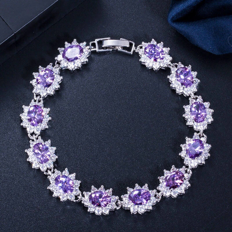 New Mother's Day Gift Oval Purple Amethyst Gems Silver Charm Handchain Bracelets - Image 2 of 4