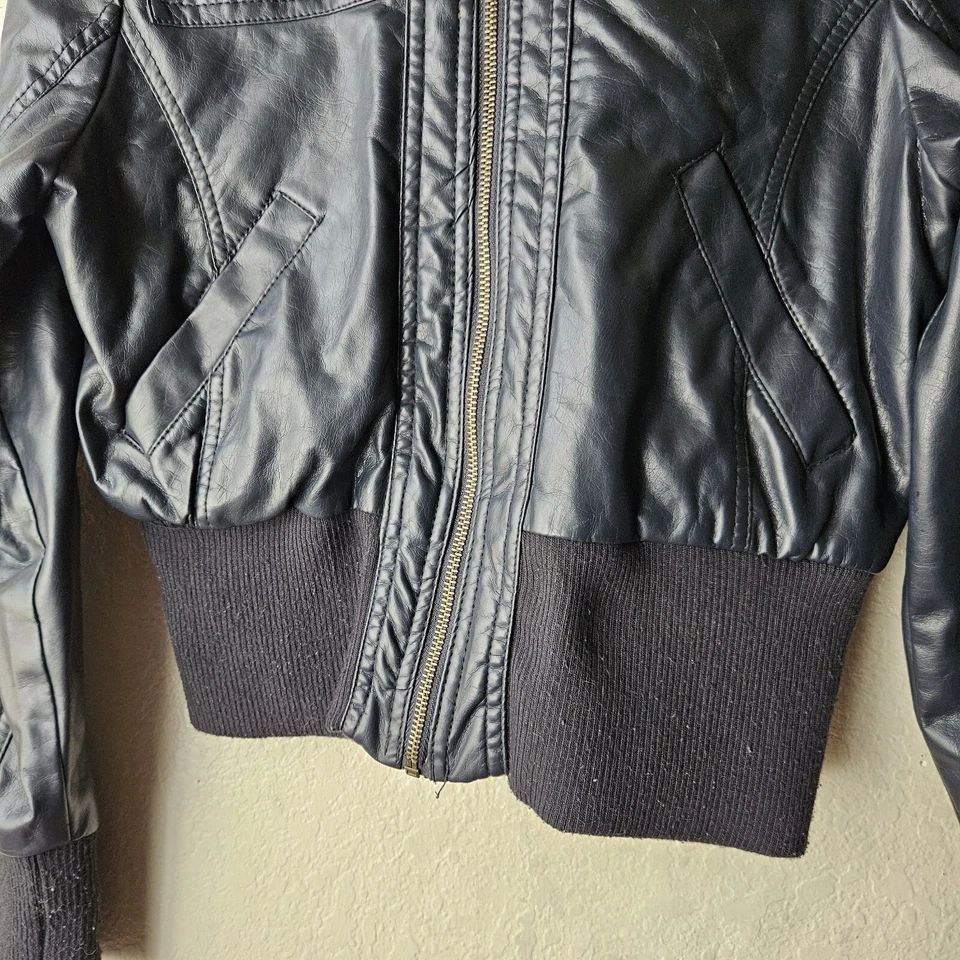 BB Winter Jacket Youth Girl L Navy Faux Leather Full Zip Hooded Pockets Fleece - Image 3 of 4