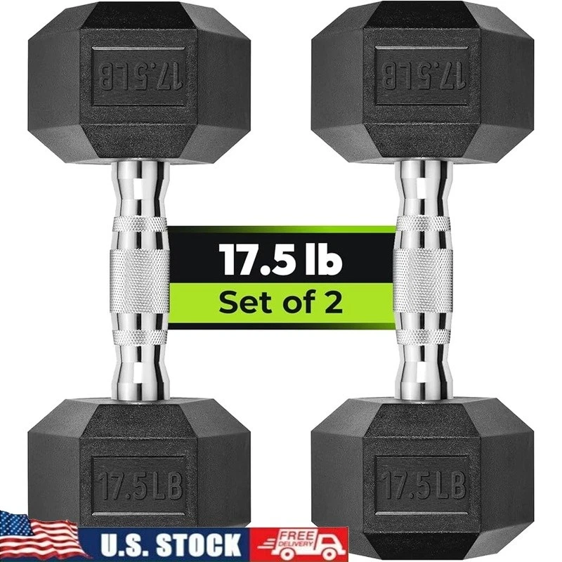Rubber Encased Hex Dumbbells 17.5 lb Non-Slip Weight Training Exercise Equipment