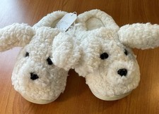 Women's White Faux Fur Doggie Slip-On Slippers cute puppy dog eyes US 7 EU 36-37