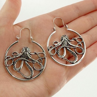 Silver Octopus Hoop Earrings | Nautical Ocean Sea Creature Statement Jewelry