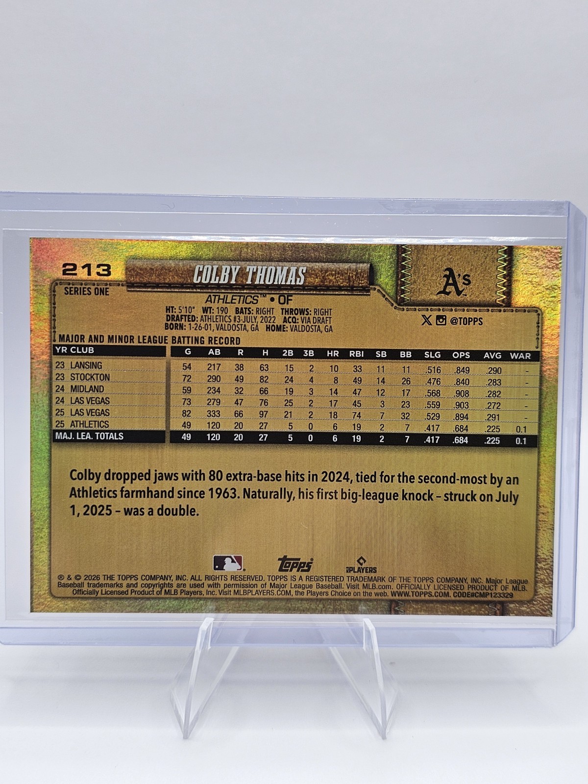 Colby Thomas Golden Mirror RC #213 Athletics 2026 Topps