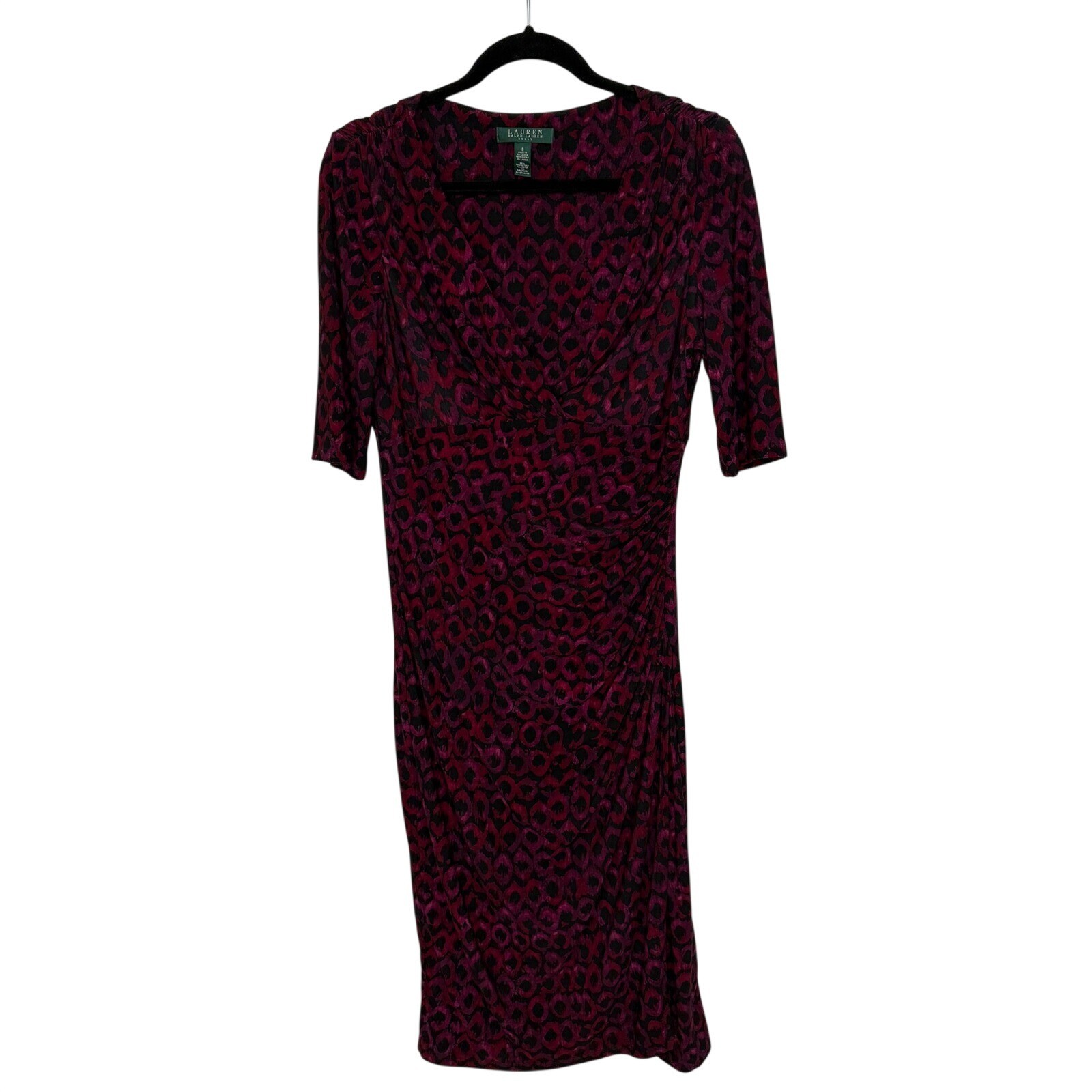 Lauren Ralph Lauren Geometric Dress Sheath Ruched 3/4 Sleeve Purple Black Size 8
