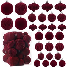 28PCS Velvet Christmas Balls Ornaments, Flocked Shatterproof Burgundy Xmas Tr...