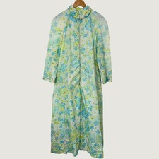 Vintage SmartTime Floral Robe Housecoat Womens L Blue Green Yellow Grannycore
