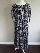Madewell Midi Dress Black White Tie-Sleeve Tiered Daisy Woodcut Flowers Size S M