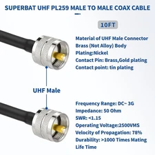 UHF PL259 Male to Male RG8X Coax Cable 10ft Low Loss 50 Ohm Waterproof