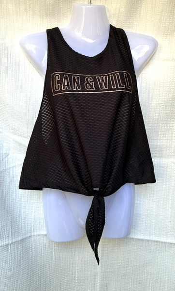 Rockwear Mesh Crop Top 10 Black Can & Will Gym Fitness Tie Front NWT
