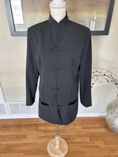 Shanghai Tang Black Wool Jacket w Pink Silk Embroidered Lining Women US 14 UK 16