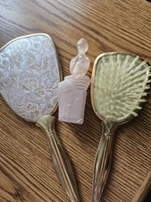 Vintage Gold Tone Vanity Decor Handheld Mirror, Hair Brush & Decanter Set Of 3 