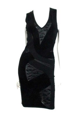 ROBERTO CAVALLI VELVET PANELLED SHEER INSET STRETCH KNIT SHEATH DRESS SZ.38