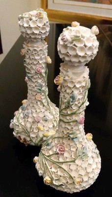 Antique KALK Meissen Style Snowball Bottles 8'' VASE Flower Encrusted ~ READ 