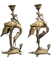 Pair of Antique Japanese Brass Stork Standing on Turtle Candlestick Holder