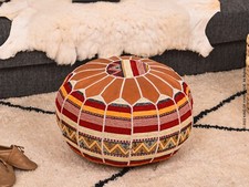 Moroccan Handmade Genuine Leather Boho Pouf Ottoman, Footstool Pouffe STUFFED