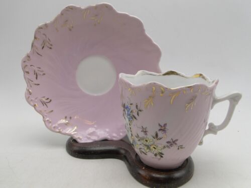 Old German Forget Me Not Porcelain Cup & Saucer Pink hand paint floral gold trim - Picture 2 of 7