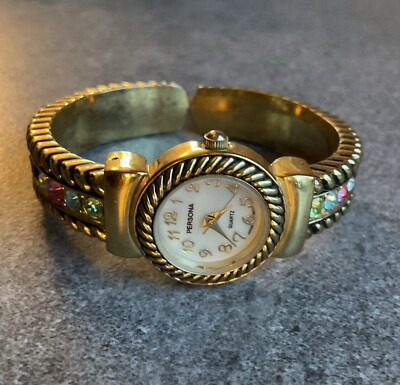 Persona Women's Goldtone Cuff Watch Multi Color Crystal Accent Band MOP Dial B-U