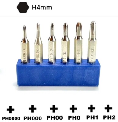 Cross/Philips Micro Screwdriver Bit PH0000/PH000/PH00/PH0/PH1/PH2 4mm Hex system