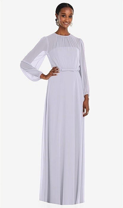 DESSY Chiffon Gown Bridesmaid Full Length Dress Silver Dove Puff Sleeve Women 2R