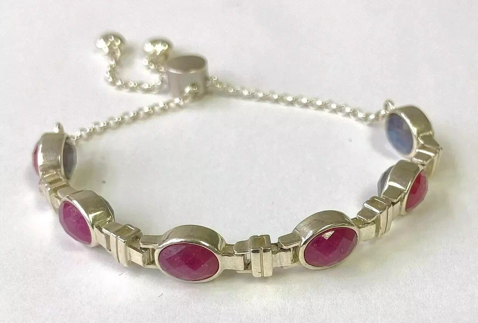 HSN Jay King 银 Thulite &Labradorite 双面可调节 9 英寸手链 — 第 3/4 张图片