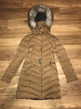 Ladies Size M Uk 8-10 Zara Down Tan Belted Longline Jacket Coat Faux Fur Hood Vg
