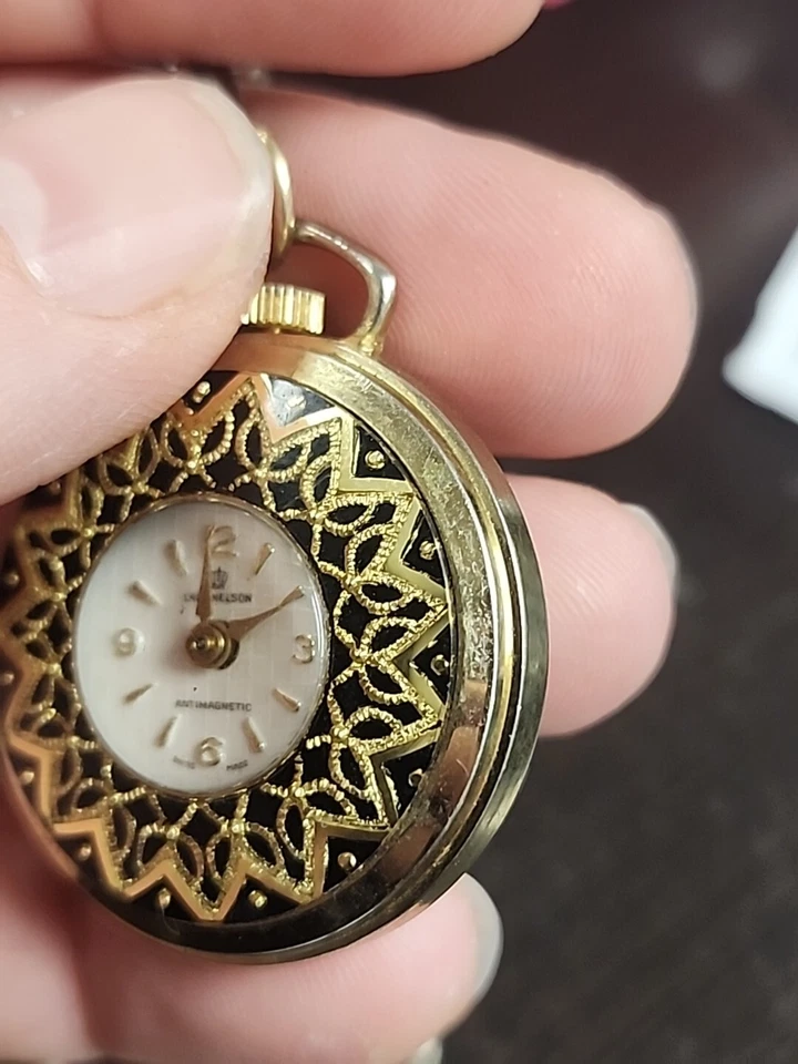 Lady Nelson Pendant WATCH GoldTone Black Necklace Chain Manual Wind Chain As Is - Image 4 of 4