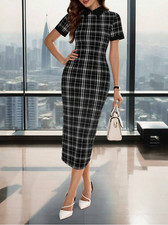 Clasi Women's Elegant Office Commute Houndstooth Print Color Block Collar Dress